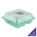 A jade green plastic GET Reusable Eco-Takeouts container with 3 compartments.