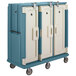 A blue and white Cambro meal delivery cart with 3 compartments.