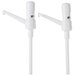 Two white plastic San Jamar thick condiment pumps with a white rectangular object.