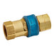 A brass Frymaster Snapfast coupler with blue threading.