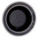 A Fineline black plastic soup bowl with silver bands on a white background.