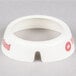 A white plastic Tablecraft salad dressing dispenser collar with maroon lettering reading "Lite 1000 Island"