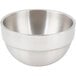 A close up of a silver Vollrath stainless steel bowl.