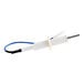 A white and blue electrical device with a white and blue wire and a metal rod.