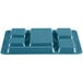 A teal blue Cambro 6 compartment tray.