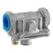 A silver metal Vulcan range valve with blue inserts.