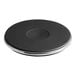 A black circular French plate with a silver rim.