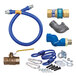 A blue flexible gas hose with fittings and a yellow label.