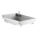 A silver metal Pitco filter pan weldment with two compartments on a metal shelf.