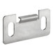 A stainless steel Vulcan door strike with two holes.