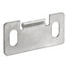 A stainless steel Vulcan door strike with two holes.