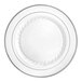 A white Fineline plastic plate with a silver rim.
