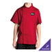 A person wearing a Chef Revival tomato red chef jacket with hidden snap buttons.