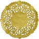 A close-up of a 4" gold foil lace doily with intricate designs.