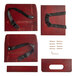 A Lancaster Table & Seating wooden booster seat with black straps on a red surface.