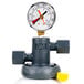 A 3M water filtration system with a pressure gauge on a grey pipe.