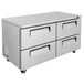 A stainless steel Turbo Air undercounter refrigerator with four drawers.