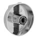 A stainless steel round knob with a black center.