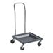 A gray dish rack and glass rack dolly with a 36-inch metal handle and four swivel casters.