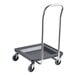 A gray dish rack and glass rack dolly with a 36-inch metal handle and four swivel casters.