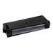 A black rectangular plastic box with a metal strip and a hole.