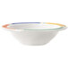 A white melamine bowl with a colorful rim.