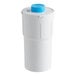 A white plastic container for a Vulcan water filter with a blue lid.