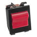 A red rocker switch with a black plastic frame.