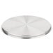 A silver stainless steel circular cover with a circular design.