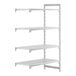 A white plastic shelf with four vented shelves.