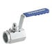 A close-up of a stainless steel Imperial ball valve with a blue handle.