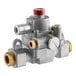 A silver metal Vulcan safety valve with two brass valves and a red button.