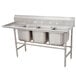 A stainless steel Advance Tabco three compartment sink with left drainboard.