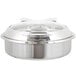 A Vollrath stainless steel round chafer with a glass lid.