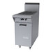 A stainless steel two-burner commercial range attachment with a storage base and control knobs on the front.