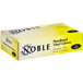 A yellow box of Noble powdered vinyl gloves for foodservice.