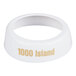 A white plastic salad dressing dispenser collar imprinted with beige '1000 Island' lettering.