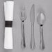 A WNA Comet stainless steel look plastic silverware set with a napkin and stainless steel look heavy weight plastic cutlery.