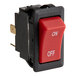 A red switch with white text reading "on" and "off"