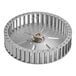 A metal blower wheel with multiple blades, designed for use in ventilation or HVAC systems.