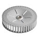 A round metal blower wheel with evenly spaced blades and a central mounting hole.