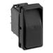A black rectangular rocker switch with metal prongs on the back.