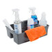 A Lavex gray plastic 3-compartment cleaning caddy with cleaning supplies inside.