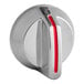 A chrome cast on/off control knob with a red indicator, measuring 2.5 inches in diameter.