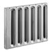 A rectangular metal grease filter with vertical slots, measuring 16 by 20 inches.