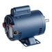 A blue electric motor with a round metal cylinder.