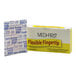 A box of Medi-First flexible fingertip woven bandages with one individually wrapped bandage displayed beside it.