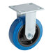 A blue castor with a black wheel and blue rubber plate.