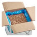 A large open cardboard box lined with a blue plastic bag and filled with dried pinto beans.
