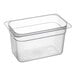 A Cambro translucent polypropylene food pan with a clear lid.